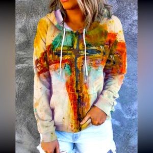 Hoodie with cross & tons of detail & color ladies size Large. BNWOT. Gorgeous⭐️